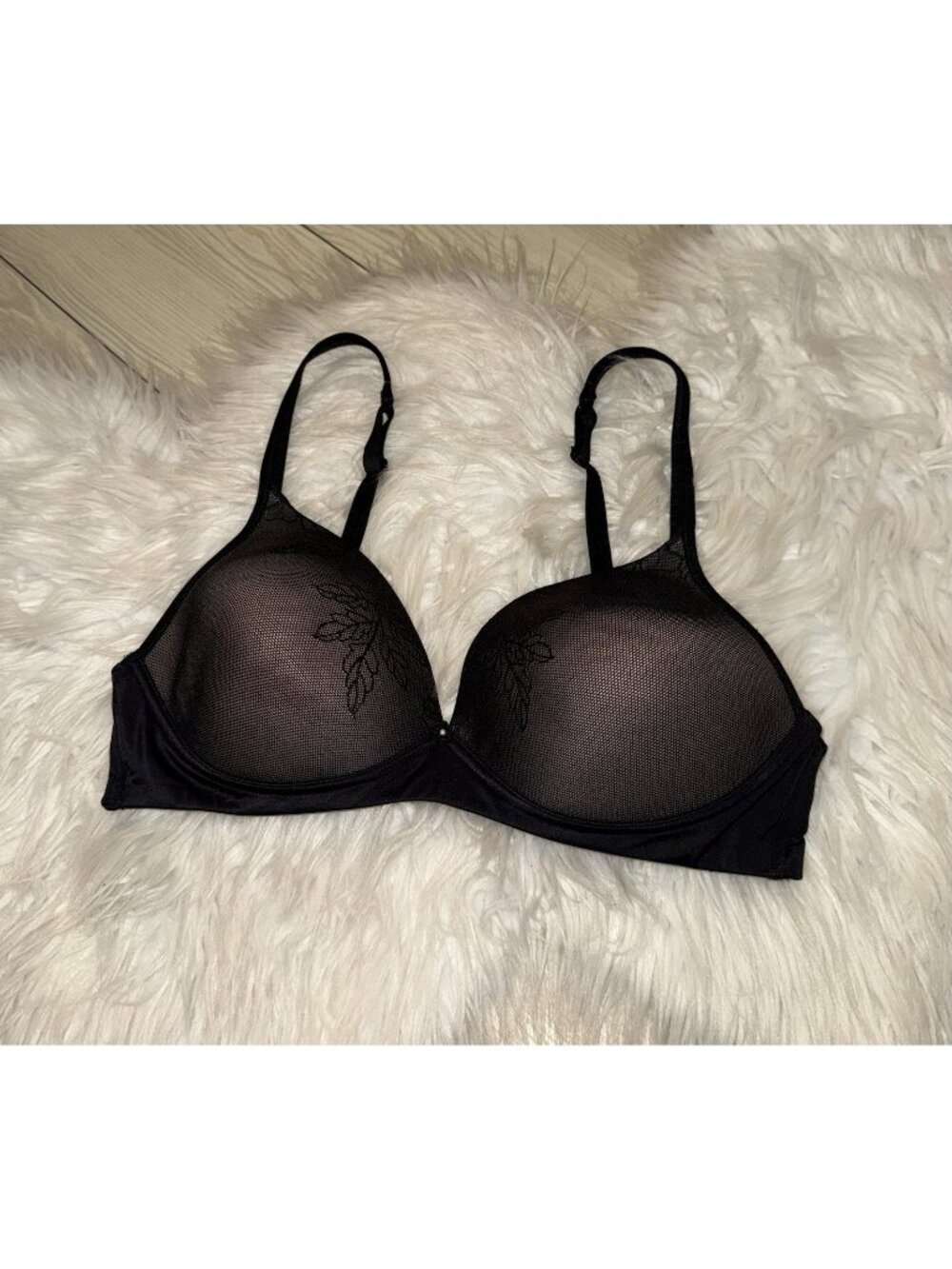 Warners 02019 Freedom Back Lift Bra Mesh Lace Floral Wire Free Womens 34C Black